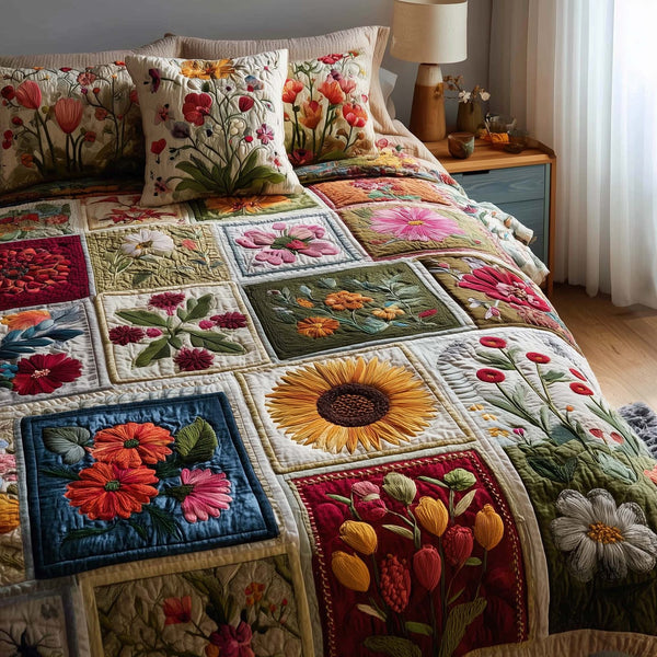 Wild Flora quilted 3-piece bedding set on a made bed with two matching pillow shams
