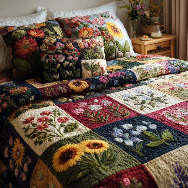 Wild Flora quilted 3-piece bedding set on a made bed with two matching pillow shams