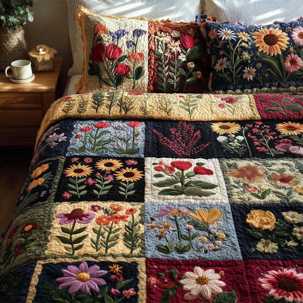 Wild Flora quilted 3-piece bedding set on a made bed with two matching pillow shams