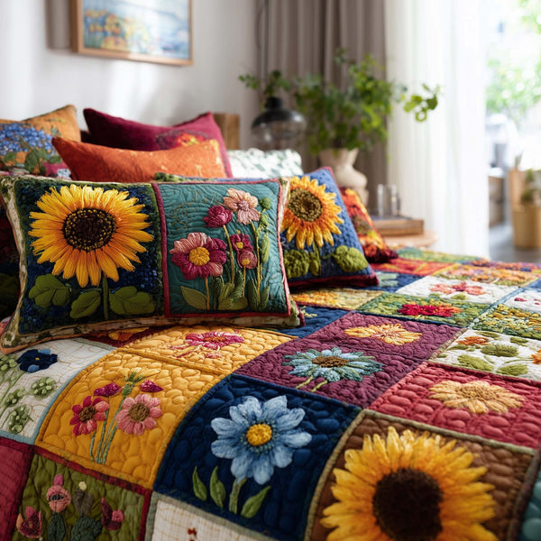 Wild Flora quilted 3-piece bedding set on a made bed with two matching pillow shams