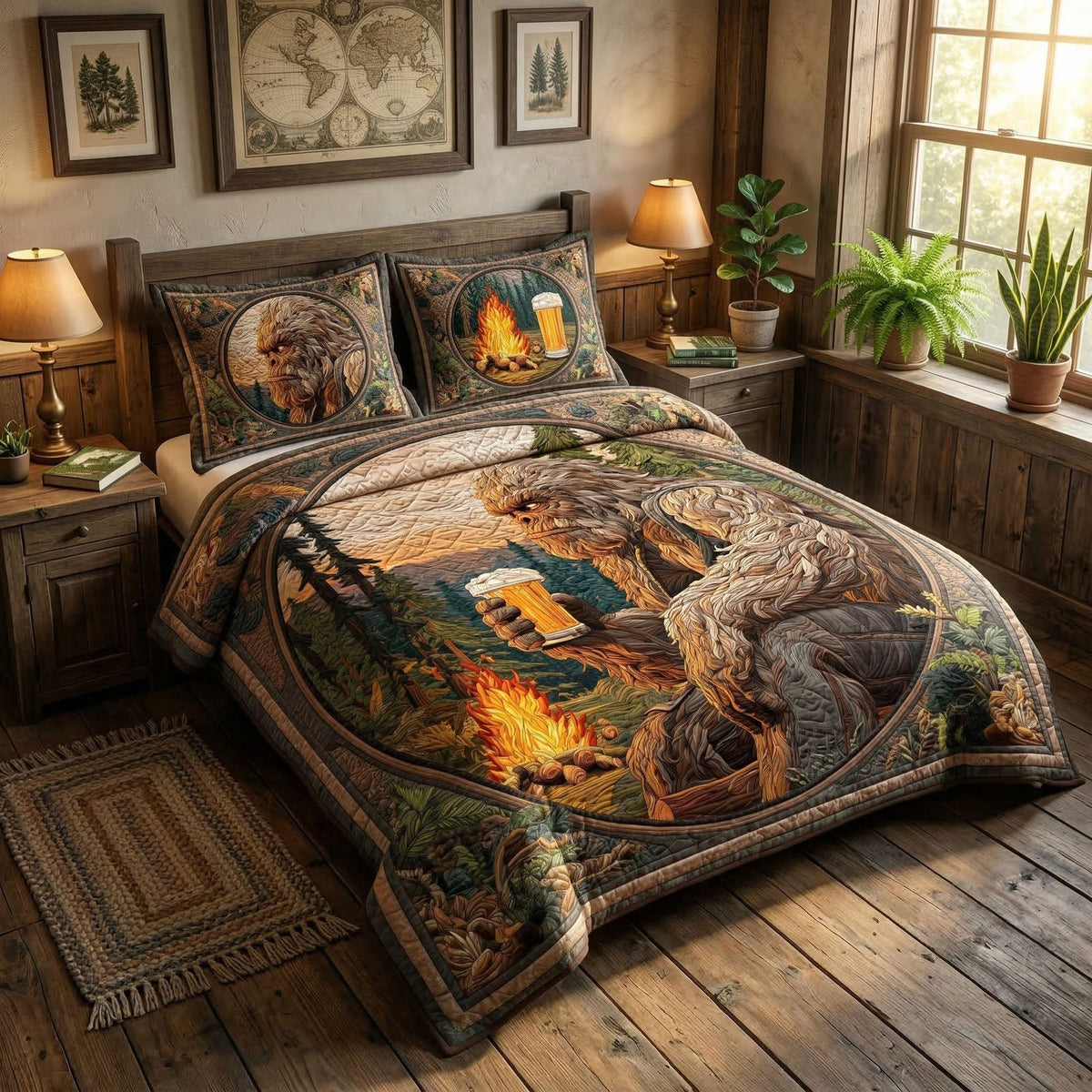 Wild Forest quilted 3-piece bedding set on a made bed with two matching pillow shams