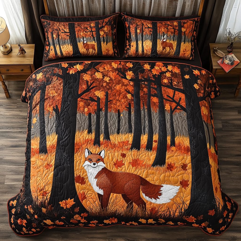 Wild Fox quilted 3-piece bedding set on a made bed with two matching pillow shams