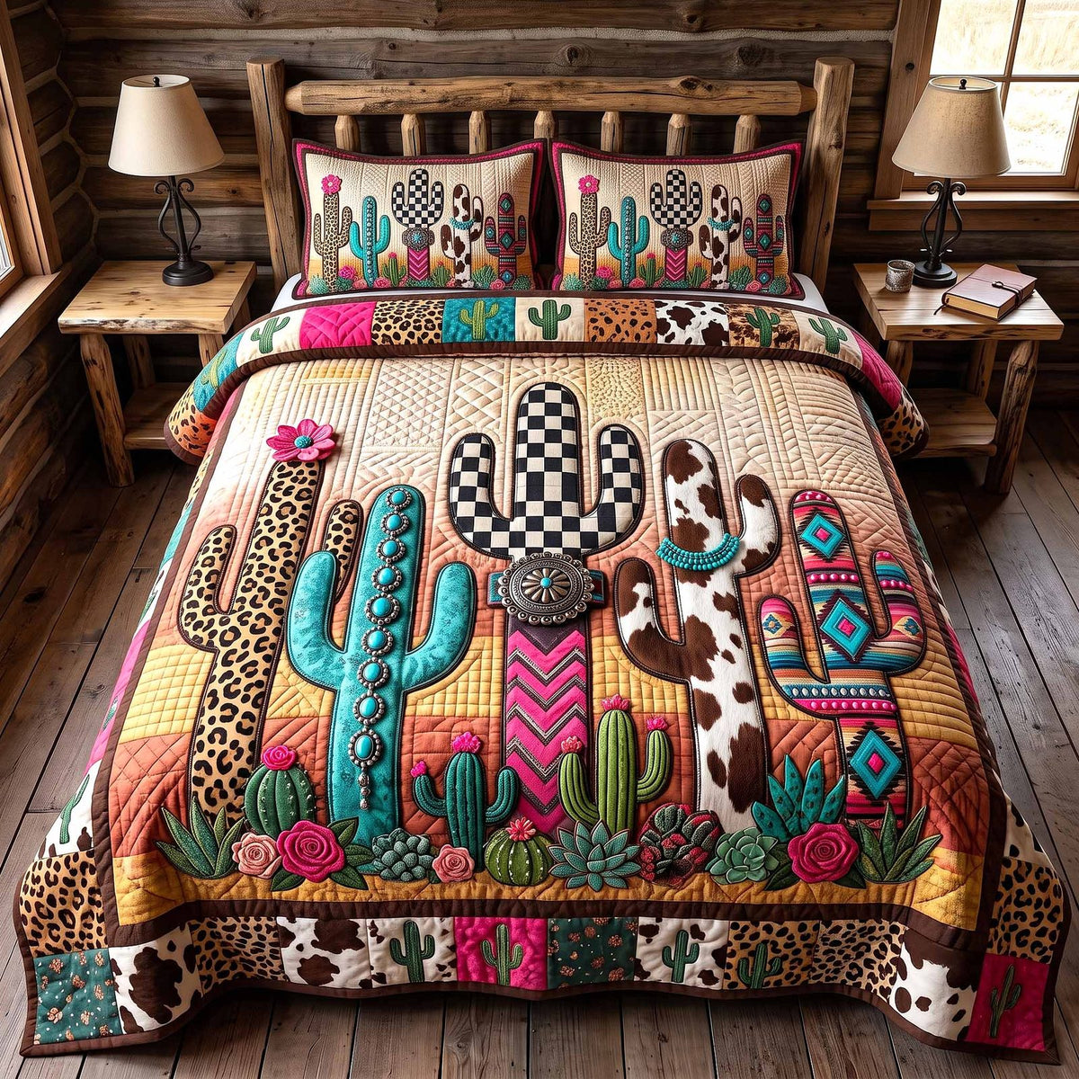 Wild Frontier quilted 3-piece bedding set on a made bed in a rustic timber bedroom