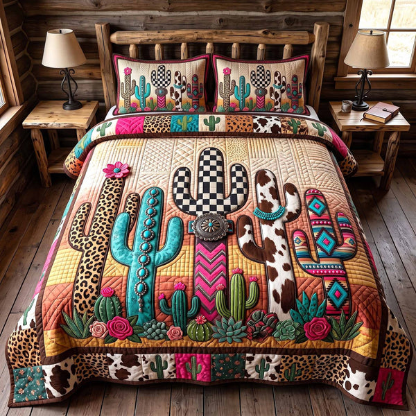 Wild Frontier quilted 3-piece bedding set on a made bed in a rustic timber bedroom