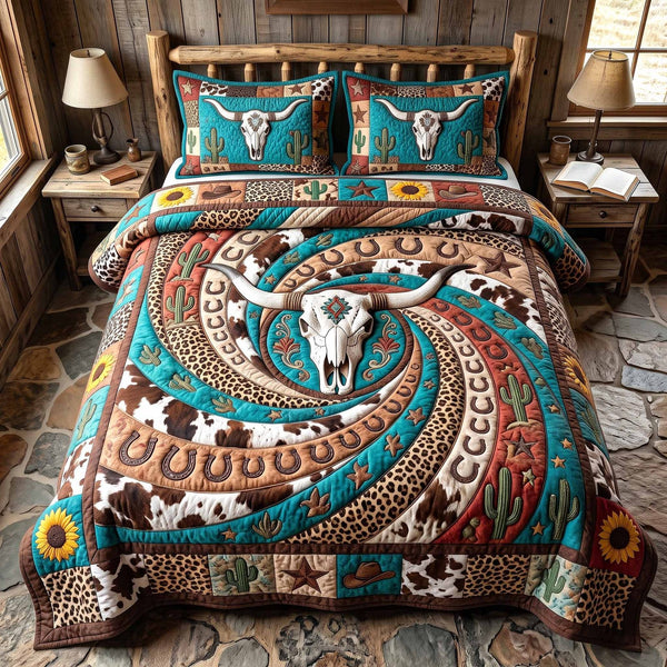 Wild Frontier quilted 3-piece bedding set on a made bed in a rustic timber bedroom