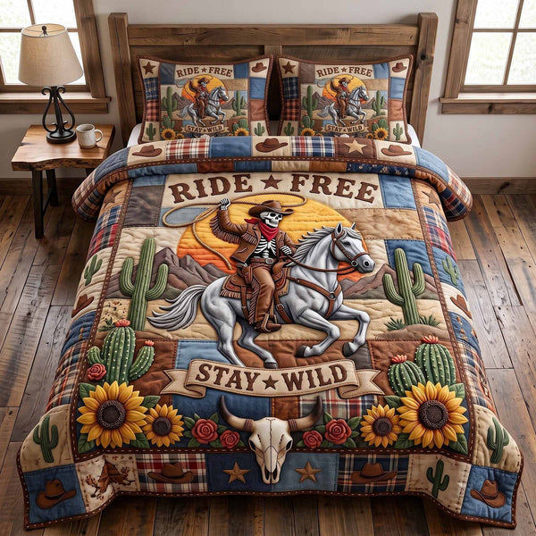 Wild Frontier quilted 3-piece bedding set on a made bed in a rustic timber bedroom