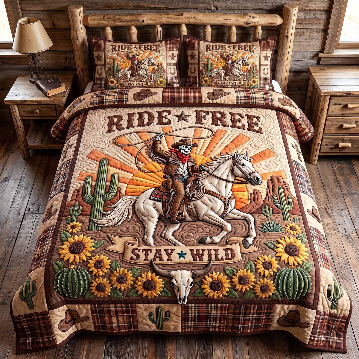 Wild Frontier quilted 3-piece bedding set on a made bed in a rustic timber bedroom