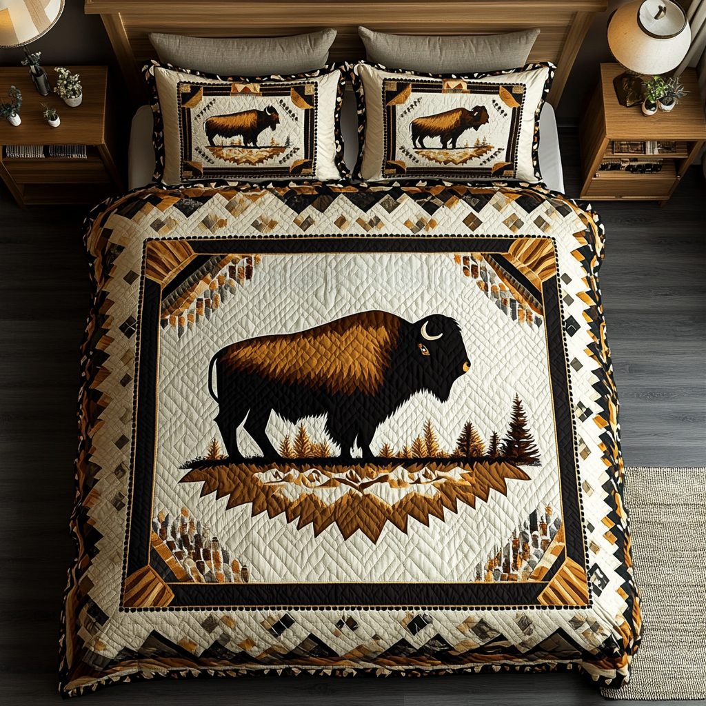 Wild Frontier quilted 3-piece bedding set on a made bed in a rustic timber bedroom