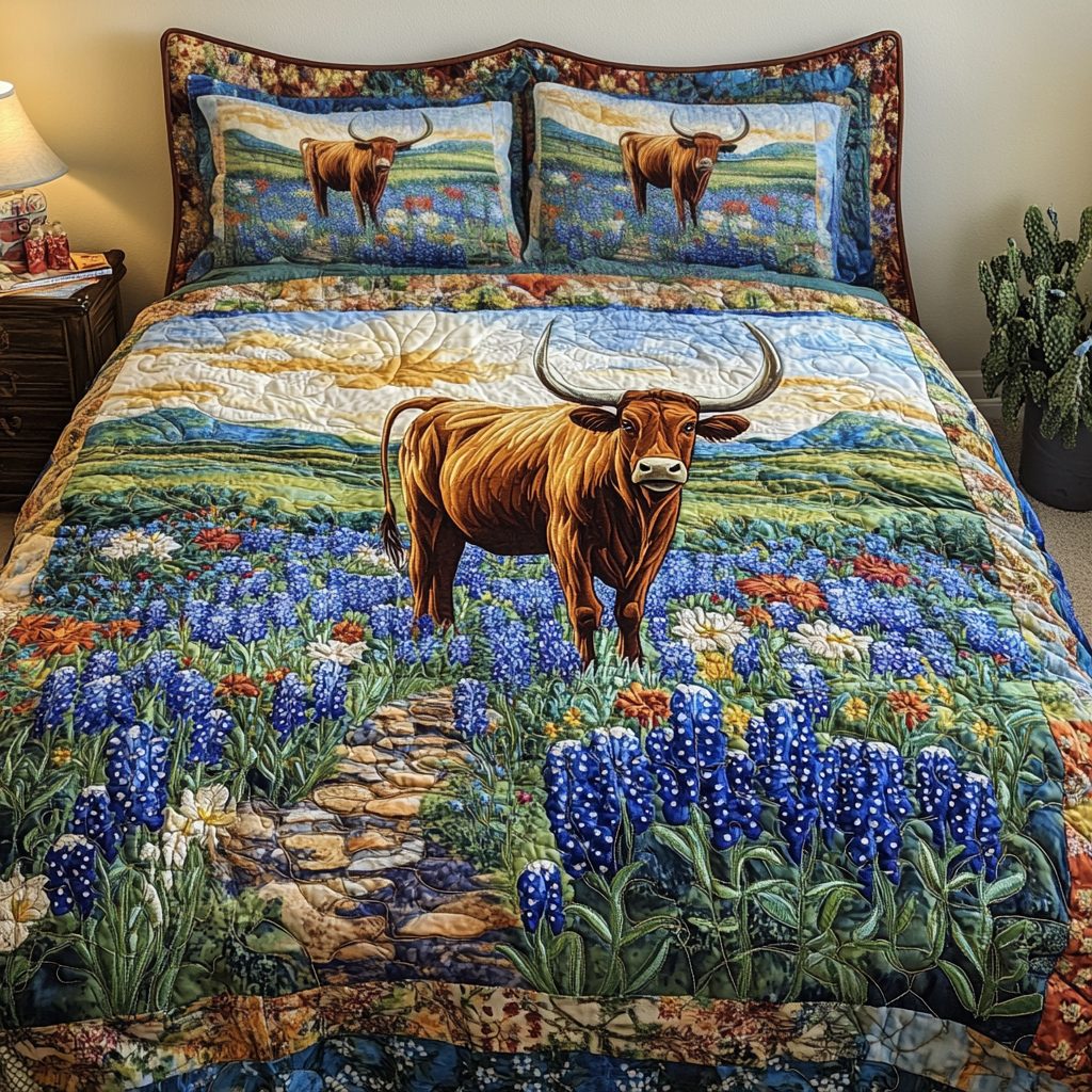 Wild Frontier quilted 3-piece bedding set on a made bed in a rustic timber bedroom