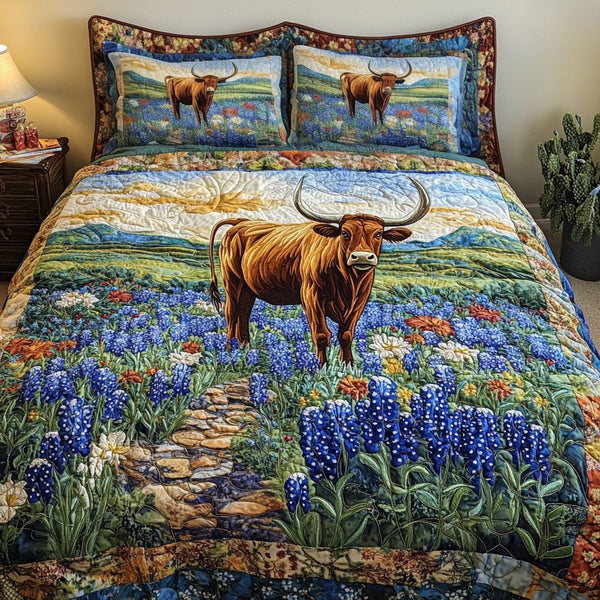 Wild Frontier quilted 3-piece bedding set on a made bed in a rustic timber bedroom