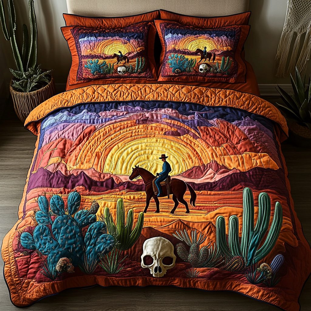 Wild Frontier quilted 3-piece bedding set on a made bed in a rustic timber bedroom