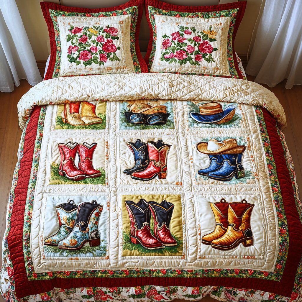 Wild Frontier quilted 3-piece bedding set on a made bed in a rustic timber bedroom