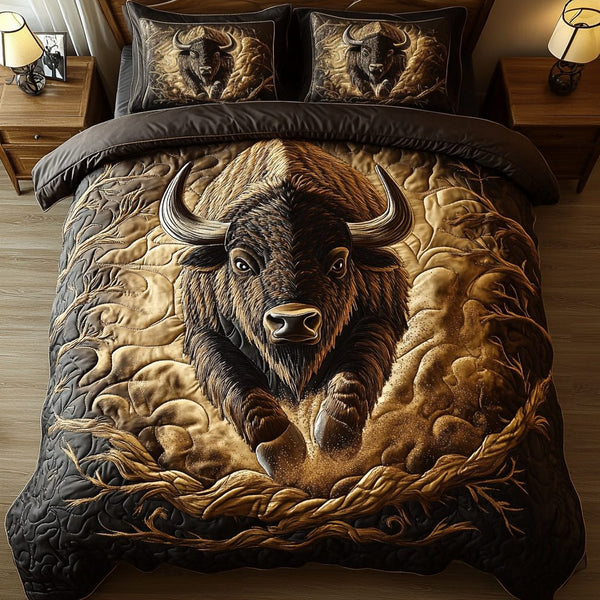 Wild Frontier quilted 3-piece bedding set on a made bed in a rustic timber bedroom