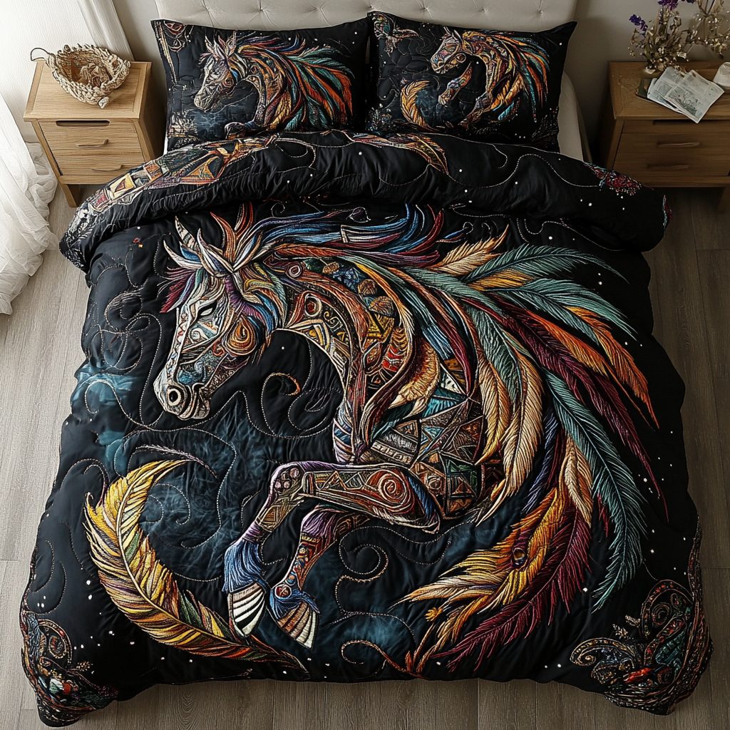 Wild Gallop quilted 3-piece bedding set on a made bed with two matching pillow shams