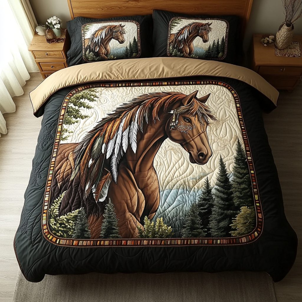 Wild Gallop quilted 3-piece bedding set on a made bed with two matching pillow shams