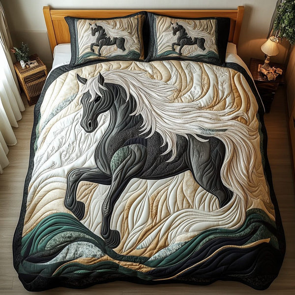 Wild Gallop quilted 3-piece bedding set on a made bed with two matching pillow shams