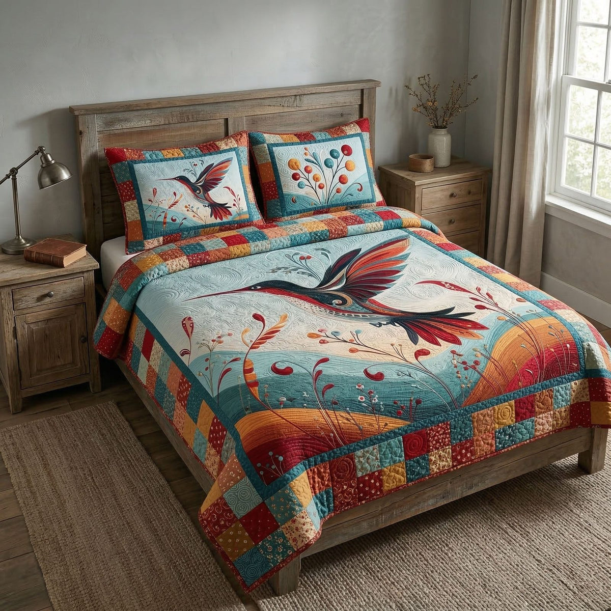 Wild Garden quilted 3-piece bedding set on a made bed with two matching pillow shams