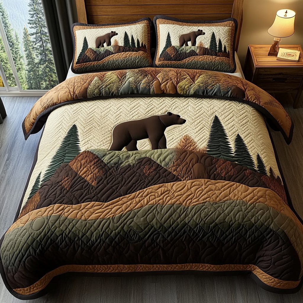 Wild Grizzly quilted 3-piece bedding set on a made bed with two matching pillow shams