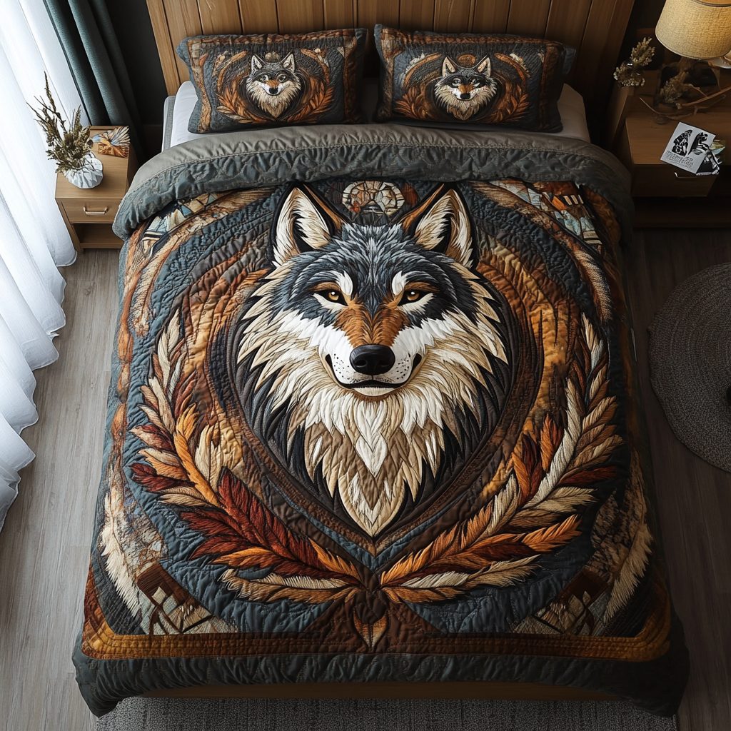 Wild Guardian quilted 3-piece bedding set on a made bed with two matching pillow shams