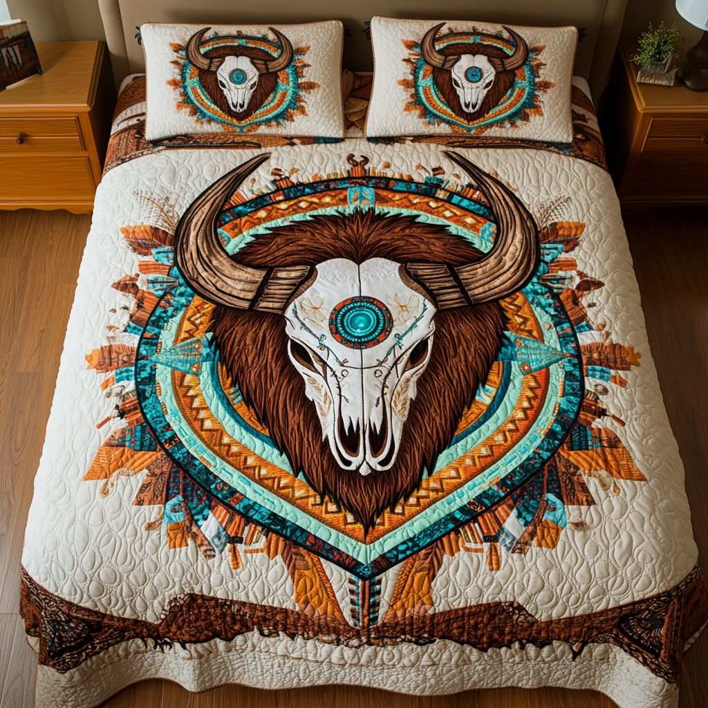 Wild Guardian quilted 3-piece bedding set on a made bed with two matching pillow shams