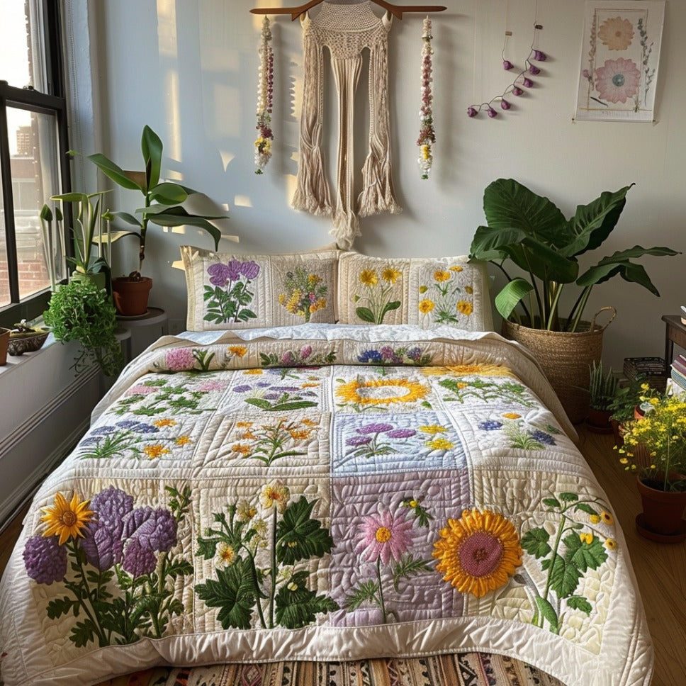 Wild Harmony quilted 3-piece bedding set on a made bed with two matching pillow shams