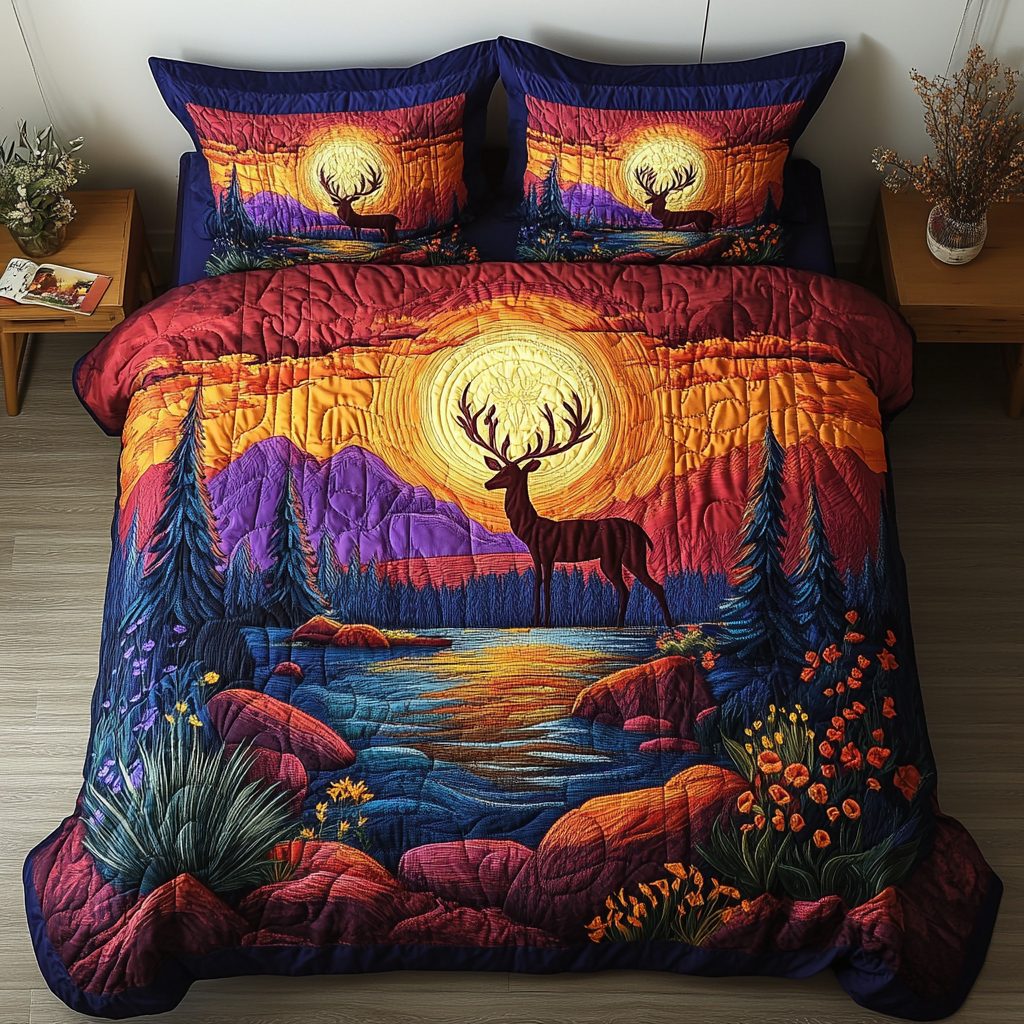 Wild Haven quilted 3-piece bedding set on a made bed with two matching pillow shams