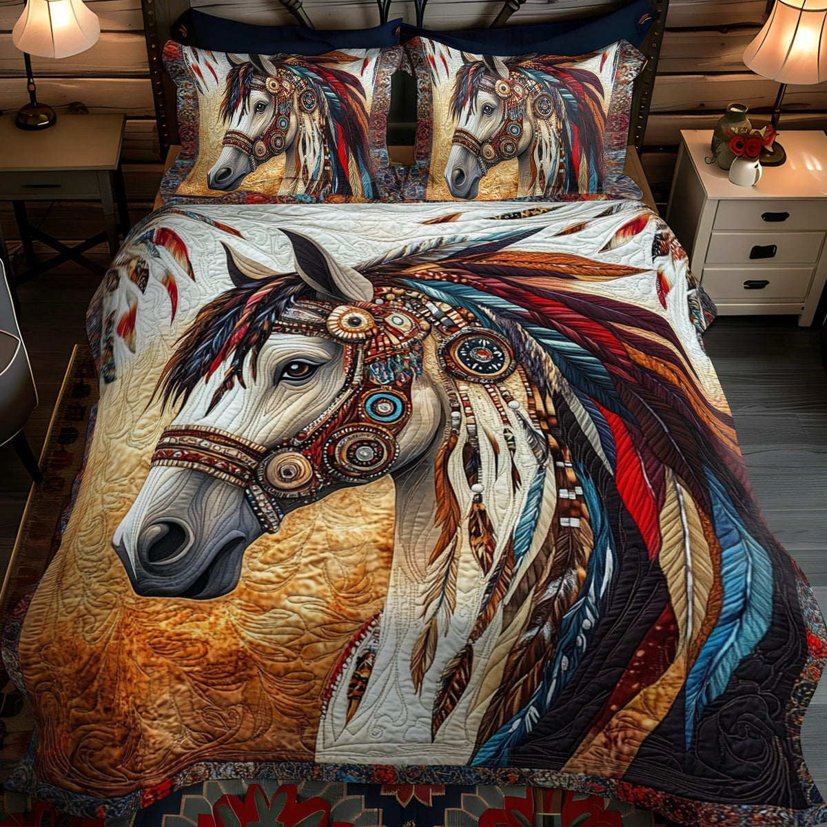 Wild Heart quilted 3-piece bedding set on a made bed with two matching pillow shams