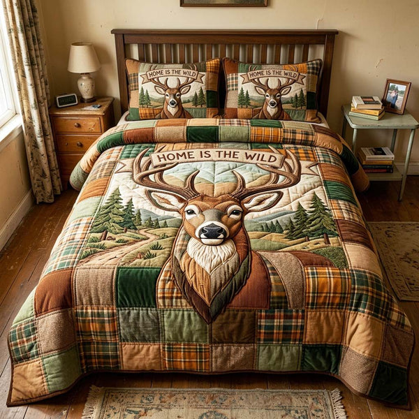 Wild Homestead quilted 3-piece bedding set on a made bed in a rustic timber bedroom