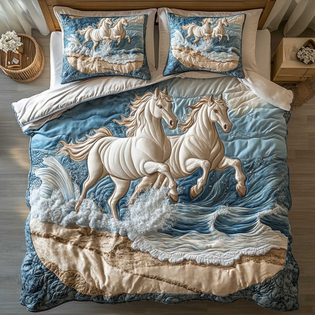 Wild Hoofprints quilted 3-piece bedding set on a made bed with two matching pillow shams