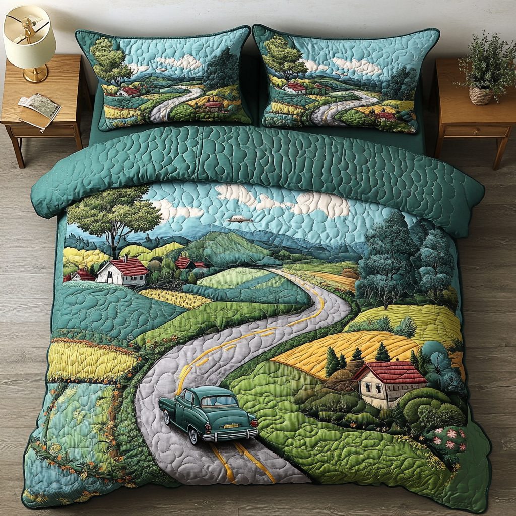 Wild Horizon quilted 3-piece bedding set on a made bed with two matching pillow shams
