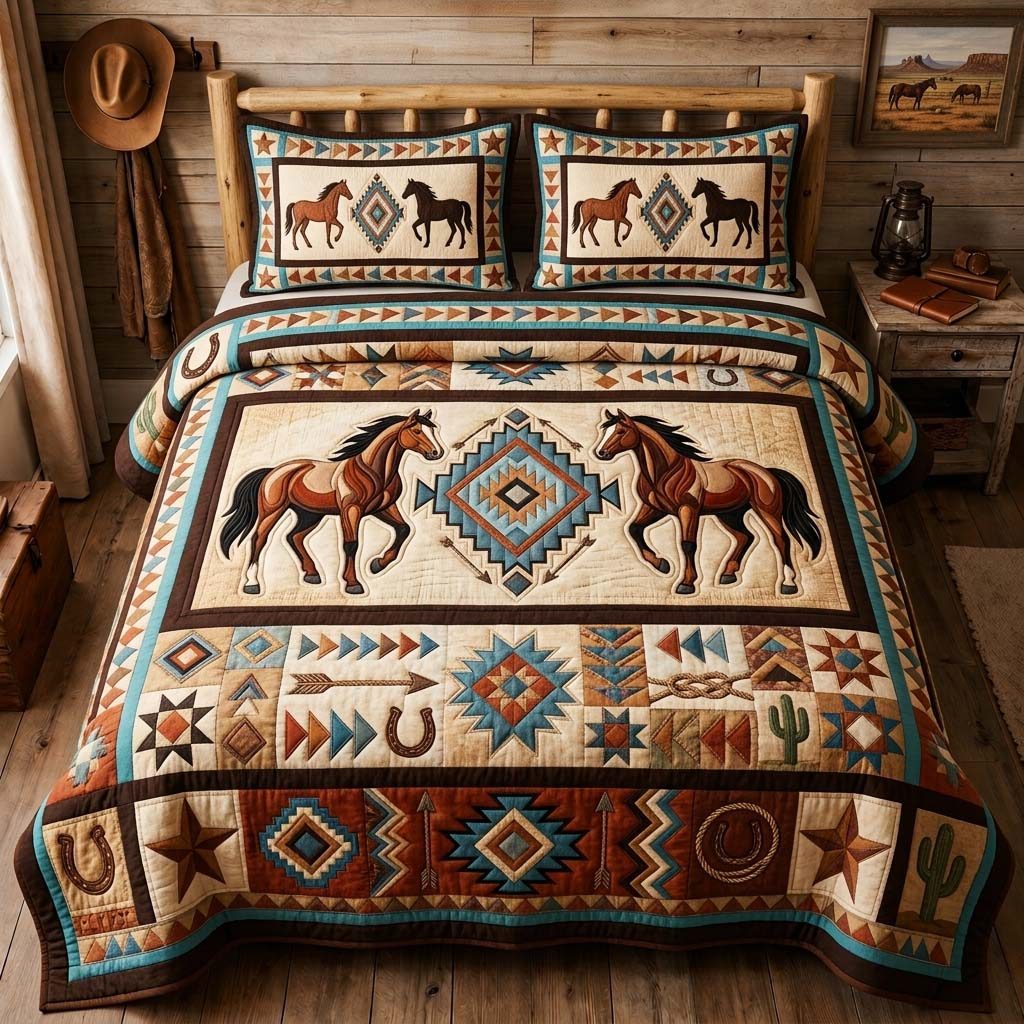 Wild Horse Lineup quilted 3-piece bedding set on a made bed in a rustic timber bedroom