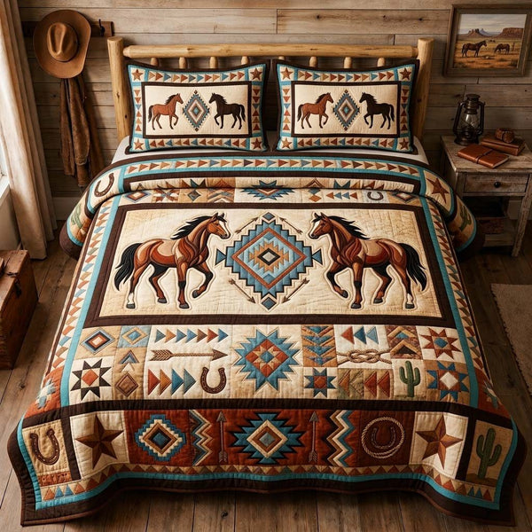 Wild Horse Lineup quilted 3-piece bedding set on a made bed in a rustic timber bedroom