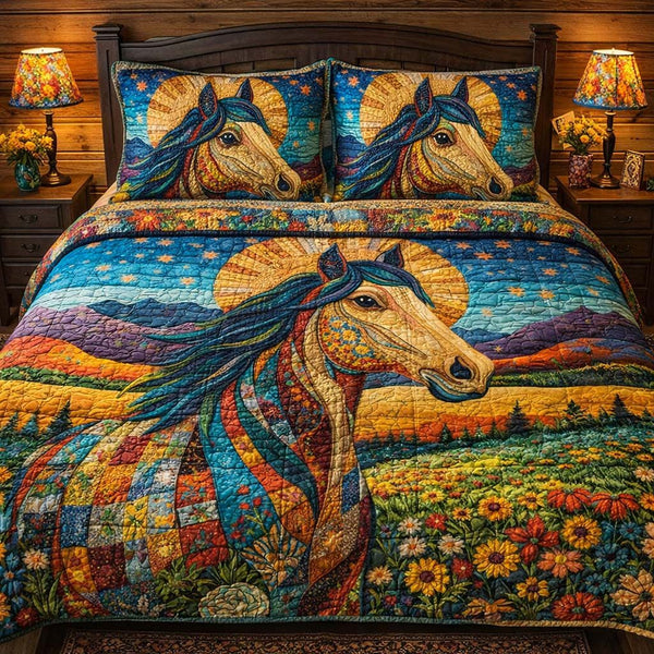 Wild Horse Meadow quilted 3-piece bedding set on a made bed in a rustic timber bedroom
