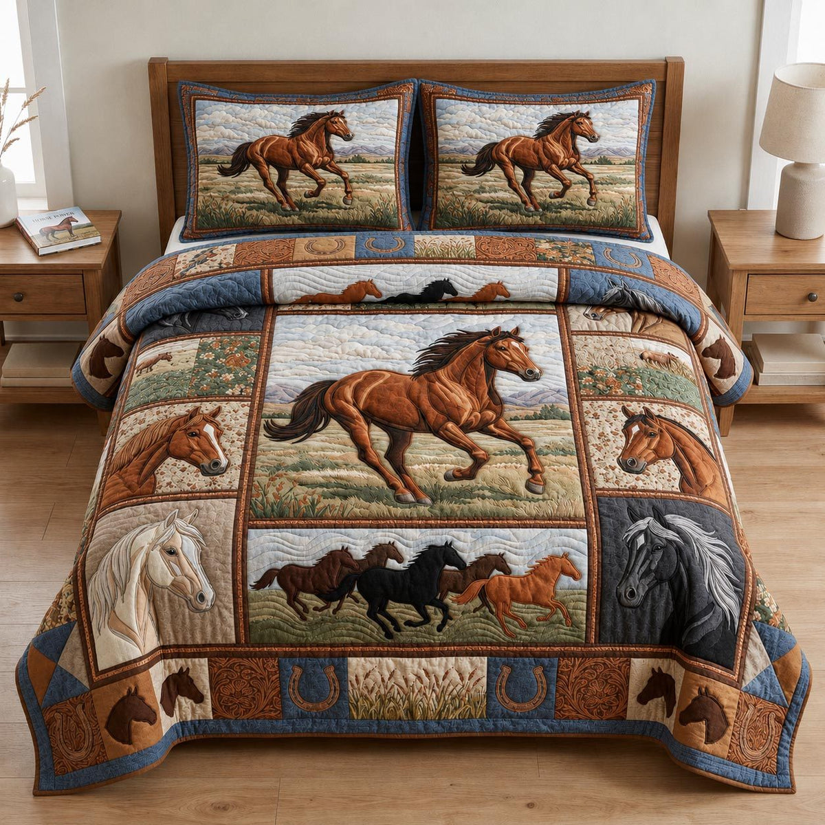 Wild Horse quilted 3-piece bedding set on a made bed in a rustic timber bedroom