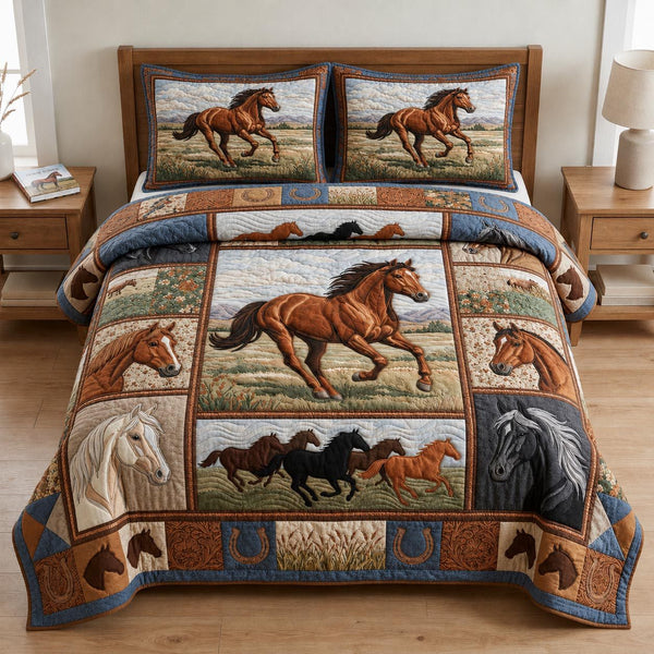 Wild Horse quilted 3-piece bedding set on a made bed in a rustic timber bedroom