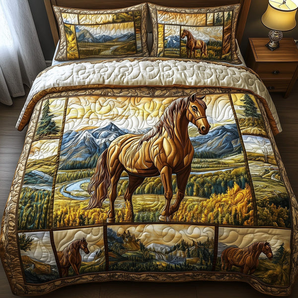 Wild Horse quilted 3-piece bedding set on a made bed in a rustic timber bedroom
