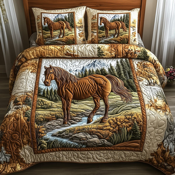 Wild Horse quilted 3-piece bedding set on a made bed in a rustic timber bedroom