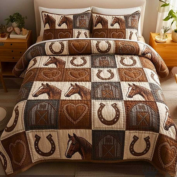 Wild Horse quilted 3-piece bedding set on a made bed in a rustic timber bedroom