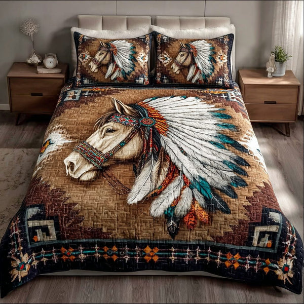 Wild Horse quilted 3-piece bedding set on a made bed in a rustic timber bedroom