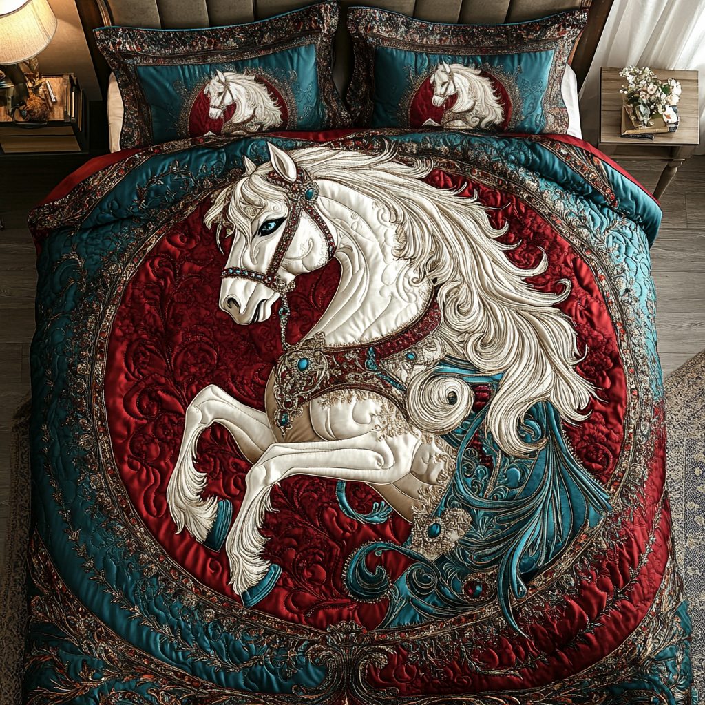Wild Horse quilted 3-piece bedding set on a made bed in a rustic timber bedroom