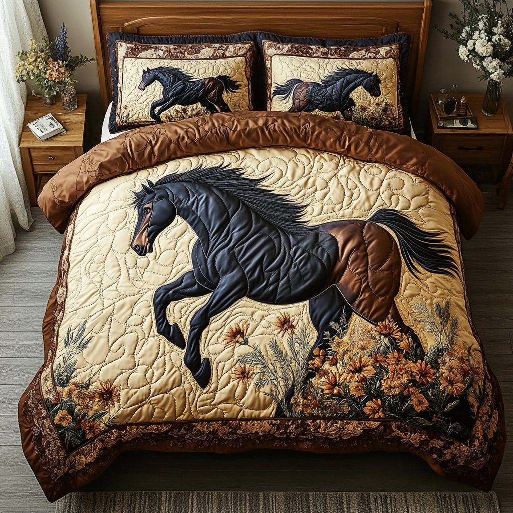 Wild Horse quilted 3-piece bedding set on a made bed in a rustic timber bedroom