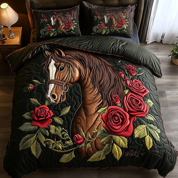 Wild Horse quilted 3-piece bedding set on a made bed in a rustic timber bedroom