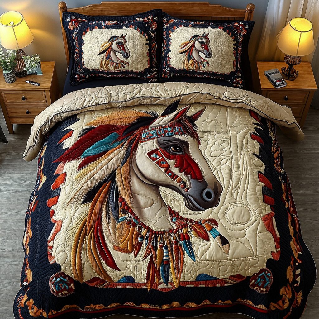 Wild Horse quilted 3-piece bedding set on a made bed in a rustic timber bedroom