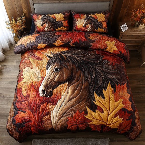 Wild Horse quilted 3-piece bedding set on a made bed in a rustic timber bedroom