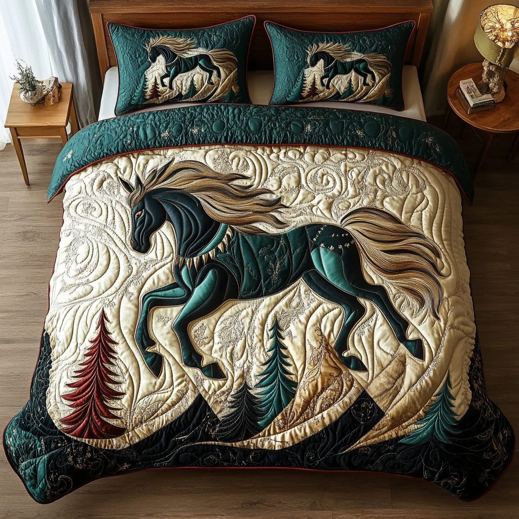 Wild Horse quilted 3-piece bedding set on a made bed in a rustic timber bedroom