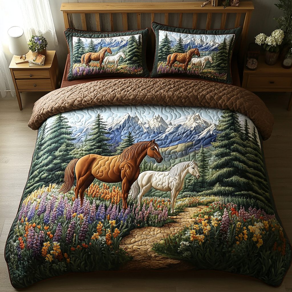Wild Horse quilted 3-piece bedding set on a made bed in a rustic timber bedroom