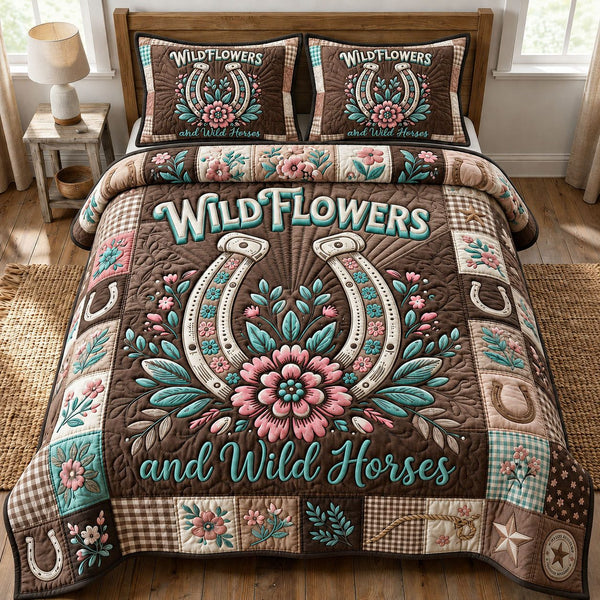 Wild Horses Wild Flowers quilted 3-piece bedding set on a made bed in a rustic timber bedroom