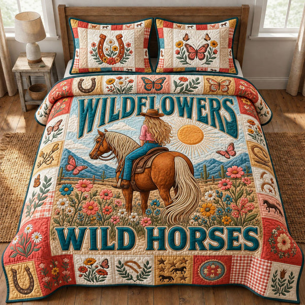 Wild Horses Wild Flowers quilted 3-piece bedding set on a made bed in a rustic timber bedroom