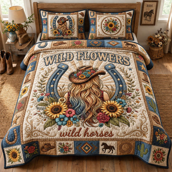 Wild Horses Wild Flowers quilted 3-piece bedding set on a made bed in a rustic timber bedroom