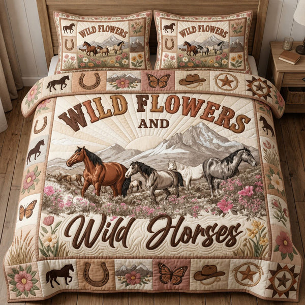 Wild Horses Wild Flowers quilted 3-piece bedding set on a made bed in a rustic timber bedroom